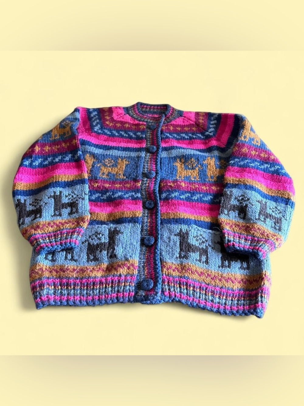 Vintage Nordic Llama Wool Cardigan Sweater Multicolor Women’s